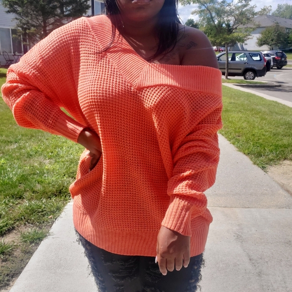 Orange Off-the-Shoulder Cashmere Sweater - Picture 1 of 1